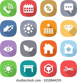 flat vector icon set - call vector, calendar, percent, message, up down arrow, round around, sun power, diamond, eye, leafs, home, smart house, table, 3d, scissors