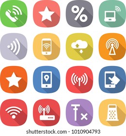 flat vector icon set - call vector, star, percent, notebook wireless, phone, cloud service, antenna, mobile location, touchscreen, router, no signal, grater