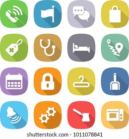 flat vector icon set - call vector, flag, discussion, shopping bag, medical label, stethoscope, hospital bed, route, calendar, locked, hanger, scoop, bell, gears, turk, grill oven