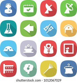 flat vector icon set - call center vector, calendar, satellite antenna, flask, left arrow, crutch, barn, dome house, flower bed, life vest, in window, watering, garden, rake, hanger