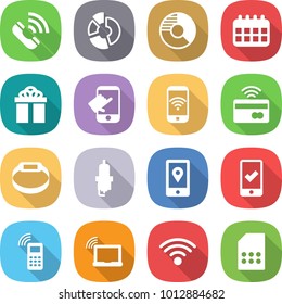 flat vector icon set - call vector, circle diagram, calendar, gift, touch, phone wireless, tap to pay, smart bracelet, spark plug, mobile location, checking, laptop wifi, sim card