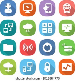 flat vector icon set - call center vector, monitor arrow, touch, notebook globe, connect, cloud wireless, calculator, pulse, documents, on off button, server, data transfer, lock, analytics