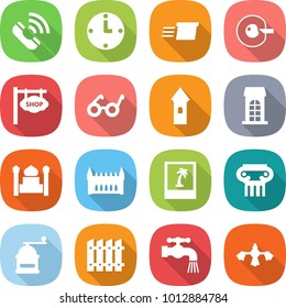 flat vector icon set - call vector, clock, delivery, cell corection, shop signboard, pacemaker, tower, building, minaret, gothic architecture, photo, antique column, hand mill, fence, water tap