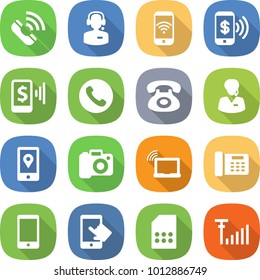 flat vector icon set - call vector, center, phone wireless, pay, mobile, support manager, location, camera, laptop wifi, office, touchscreen, sim card, antenna signal