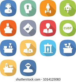 flat vector icon set - call center vector, bulb head, hoverboard, jet robot, hospital recieption, under construction, client, customs, control, security man, detector, inspector, reception