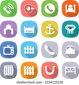 flat vector icon set - call vector, cell corection, phone, minaret, gothic architecture, anchor, antique column, tv, fence, kettle, barrel, horseshoe, farm