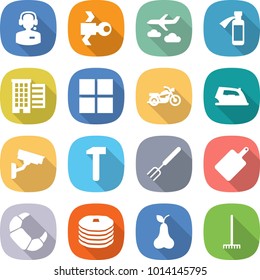 flat vector icon set - call center vector, satellite, journey, potion bottle, houses, window, motorcycle, iron, surveillance camera, hammer, big fork, cutting board, croissant, pancakes, pear, rake