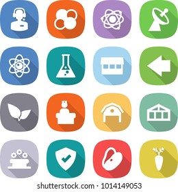 flat vector icon set - call center vector, atom core, satellite antenna, flask, market, left arrow, leafs, hospital recieption, barn, greenhouse, flower bed, protected, beans, carrot