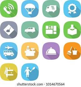 flat vector icon set - call vector, parachute, delivery, medal, under construction, car shipping, consolidated cargo, package, transfer, reception, meal cap, bucket and broom, skyscrapers cleaning