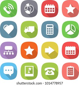 flat vector icon set - call vector, circle diagram, calendar, star, heart, truck, calculator, structure, right arrow, sms, photo, phone, clipboard list