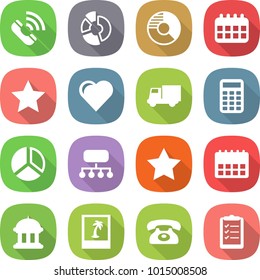 flat vector icon set - call vector, circle diagram, calendar, star, heart, truck, calculator, structure, goverment house, photo, phone, clipboard list