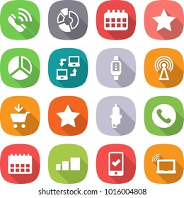 flat vector icon set - call vector, circle diagram, calendar, star, notebook connect, smart watch, antenna, add to cart, spark plug, phone, sorting, mobile checking, laptop wifi