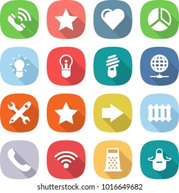 flat vector icon set - call vector, star, heart, diagram, bulb, globe connect, pencil wrench, right arrow, radiator, phone, wireless, grater, apron
