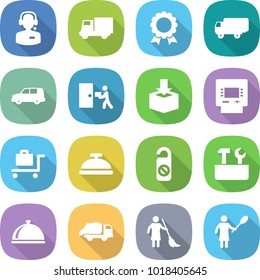 flat vector icon set - call center vector, truck, medal, shipping, car, courier delivery, package, atm, baggage trolley, service bell, do not distrub, repair tools, meal cap, trash, brooming