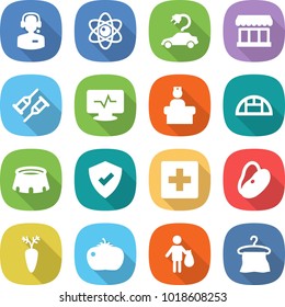 flat vector icon set - call center vector, atom, electric car, market, crutch, monitor pulse, hospital recieption, greenhouse, stadium, protected, first aid, beans, carrot, tomato, trash, hanger