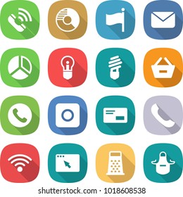 flat vector icon set - call vector, circle diagram, flag, mail, bulb, remove from basket, phone, ring button, envelope, wireless, browser window, grater, apron