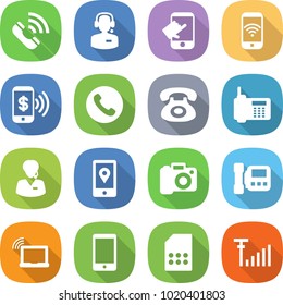 flat vector icon set - call vector, center, touch, phone wireless, pay, support manager, mobile location, camera, intercom, laptop wifi, sim card, antenna signal