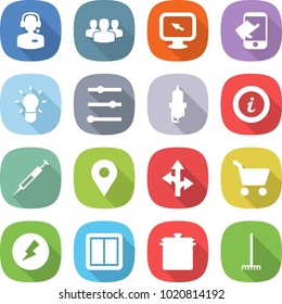 flat vector icon set - call center vector, group, monitor arrow, touch, bulb, equalizer, spark plug, info, syringe, geo pin, route, cart, electricity, power switch, pan, rake