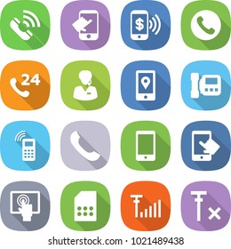 flat vector icon set - call vector, touch, phone pay, 24, support manager, mobile location, intercome, touchscreen, sim card, antenna signal, no