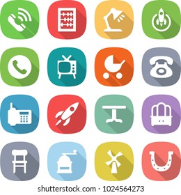 flat vector icon set - call vector, abacus, table lamp, rocket, phone, tv, baby stroller, dresser, chair, hand mill, windmill, horseshoe