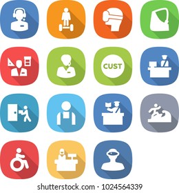 flat vector icon set - call center vector, hoverboard, virtual mask, broken hand, architector, support manager, customs, control, courier delivery, workman, inspector, surfer, invalid, reception