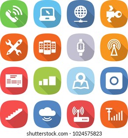 flat vector icon set - call vector, notebook, globe connect, satellite, pencil wrench, server, smart watch, antenna, invoice, sorting, map, ring button, stairs, cloud service, router, signal