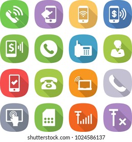 flat vector icon set - call vector, touch, phone wireless, pay, mobile, support manager, checking, laptop wifi, touchscreen, sim card, antenna signal, no