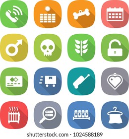 flat vector icon set - call vector, sun power, bone, calendar, male sign, skull, spikelets, unlock, credit card, fast deliver, suitcase, heart pendant, radiator, data search, spices, hanger