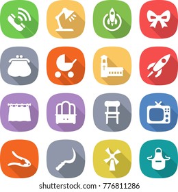 flat vector icon set - call vector, table lamp, rocket, bow, purse, baby stroller, church, curtain, dresser, chair, tv, walnut crack, sickle, windmill, apron