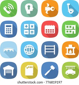 flat vector icon set - call vector, bulb head, satellite, gyroscooter, calculator, calendar, modular house, bridge, globe, rack, fireplace, garage, sd card, meat hammer, car wash