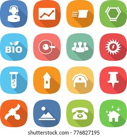 flat vector icon set - call center vector, statistics, delivery, hex molecule, bio, cell corection, group, sun power, vial, tower, barn, pin, satellite, landscape, phone, house cleaning