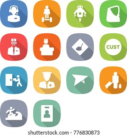 flat vector icon set - call center vector, hoverboard, jet robot, broken hand, doctor, hospital recieption, under construction, customs, courier delivery, security man, deltaplane, passenger, surfer
