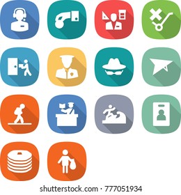 flat vector icon set - call center vector, hand coin, architector, do not trolley sign, courier delivery, security man, confidential, deltaplane, tourist, inspector, surfer, identity card, pancakes