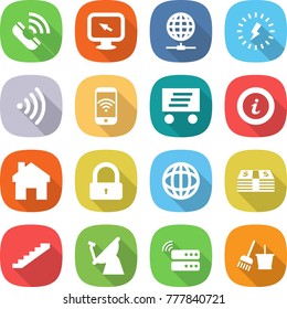 flat vector icon set - call vector, monitor arrow, globe connect, lightning, wireless, phone, delivery, info, home, lock, money, stairs, satellite antenna, server, bucket and broom