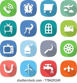 flat vector icon set - call vector, alarm clock, delivery, journey, tv, greate wall, arch window, train, hand mill, sickle, wheel, horseshoe, windmill, water tap, hard reach place cleaning