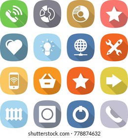 flat vector icon set - call vector, circle diagram, star, heart, bulb, globe connect, pencil wrench, phone wireless, remove from basket, right arrow, radiator, ring button, on off