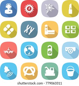 flat vector icon set - call center vector, sun power, bang, lipstick, pill, chromosomes, church, panel house, plane, earth, do not distrub, surveillance camera, bell, pretzel, harvester, bucket