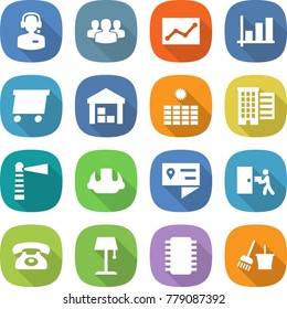 flat vector icon set - call center vector, group, statistics, graph, delivery, warehouse, sun power, houses, lighthouse, building helmet, location details, courier, phone, floor lamp, chip