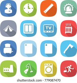 flat vector icon set - call center vector, clock, ruler, alarm, tent, power switch, tv, radiator, toaster, cutting board, axe, factory, vacuum cleaner, washing machine