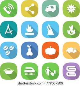flat vector icon set - call vector, molecule, delivery, virus, draw compass, flammable, knife holder, fire, coffee seeds, pear, pumpkin, trash truck, foam basin, brush, toilet cleaning, towel
