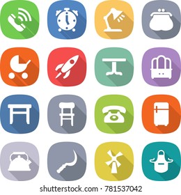 flat vector icon set - call vector, alarm clock, table lamp, purse, baby stroller, rocket, dresser, stool, chair, phone, fridge, kettle, sickle, windmill, apron