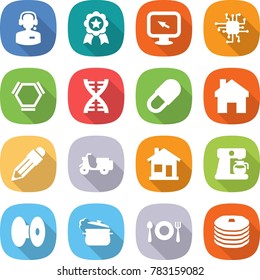 flat vector icon set - call center vector, medal, monitor arrow, chip, hex molecule, dna, pill, home, pencil, scooter shipping, coffee maker, coil, steam pan, fork spoon plate, pancakes