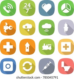 flat vector icon set - call vector, 24 7, heart, diagram, satellite, cloud service, wireless, spark plug, medical cross, tower, train, first aid, ring button, reload, syringe, toilet