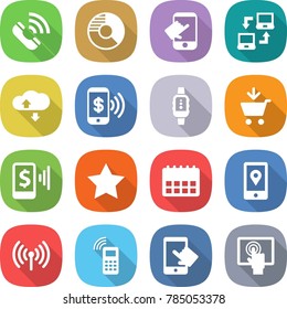 flat vector icon set - call vector, circle diagram, touch, notebook connect, cloud service, phone pay, smart watch, add to cart, mobile, star, calendar, location, wireless, touchscreen
