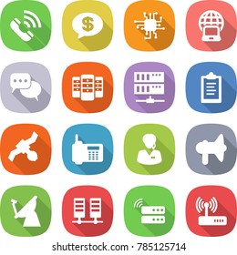 flat vector icon set - call vector, money message, chip, notebook globe, discussion, server, clipboard, satellite, phone, support manager, loudspeaker, antenna, router