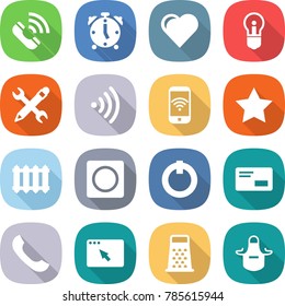 flat vector icon set - call vector, alarm clock, heart, bulb, pencil wrench, wireless, phone, star, radiator, ring button, on off, envelope, browser window, grater, apron