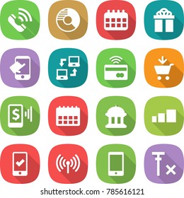 flat vector icon set - call vector, circle diagram, calendar, gift, touch, notebook connect, tap to pay, add cart, mobile, goverment house, sorting, checking, wireless, phone, no signal