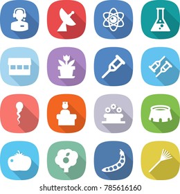 flat vector icon set - call center vector, satellite antenna, atom, flask, market, flower, crutch, sperm, hospital recieption, bed, stadium, tomato, garden, peas, rake