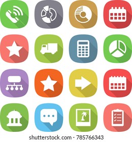 flat vector icon set - call vector, circle diagram, calendar, star, truck, calculator, structure, right arrow, goverment house, sms, photo, clipboard list