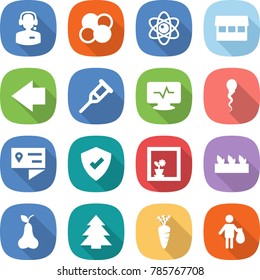 flat vector icon set - call center vector, atom core, market, left arrow, crutch, monitor pulse, sperm, location details, protected, flower in window, seedling, pear, spruce, carrot, trash